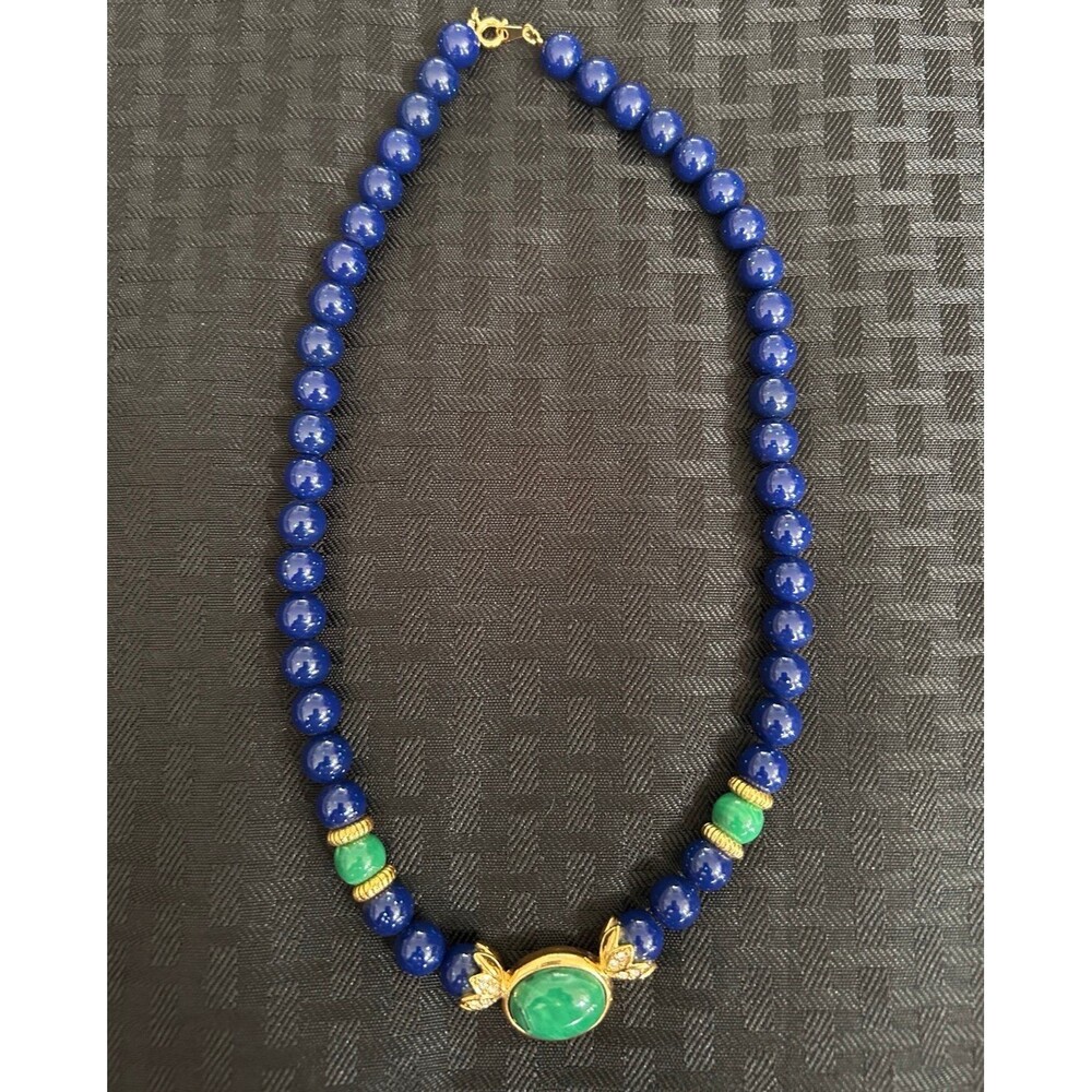 Vintage Faux Lapis & Green Cabochon Gold Tone Statement Bead Necklace 18"